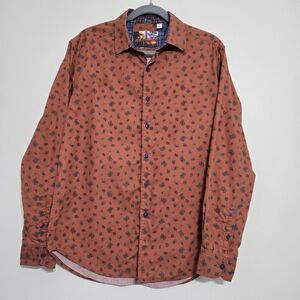 Robert Graham Mens Long-Sleeve Rust Brown Printed Dress Shirt Paisley/Floral M